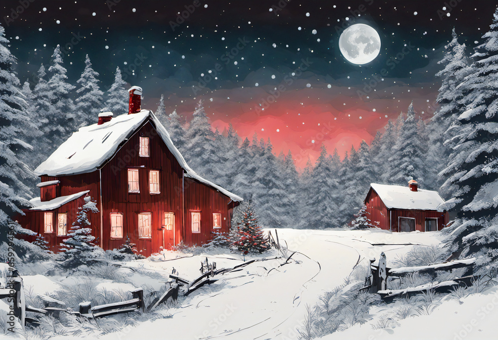 Christmas in the forest with the full moon and the Northern Lights