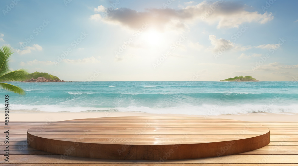 Wooden platform podium with a beach in the background, product presentation background - obrazy, fototapety, plakaty 