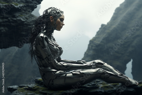 Sci-fi, fantasy, states of mind, nature concept. Half woman half robot meditating on rock during rain. Generative AI