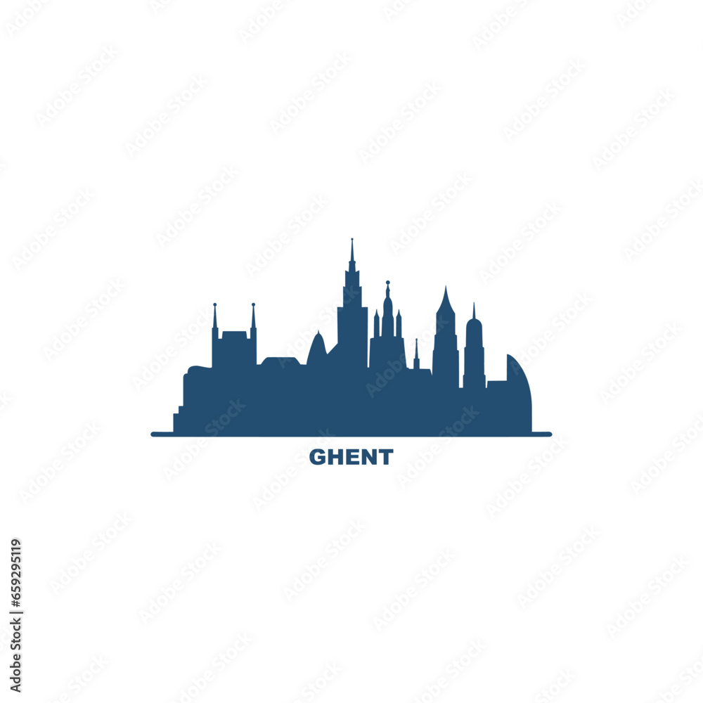  Ghent Belgium cityscape skyline city panorama vector flat modern logo icon. Flanders region emblem idea with landmarks and building silhouettes. Isolated graphic