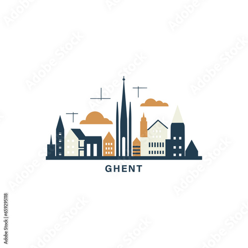  Ghent Belgium cityscape skyline city panorama vector flat modern logo icon. Flanders region emblem idea with landmarks and building silhouettes. Isolated graphic