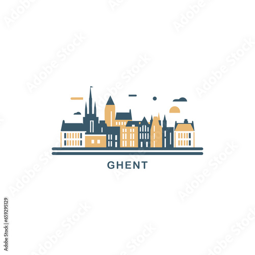  Ghent Belgium cityscape skyline city panorama vector flat modern logo icon. Flanders region emblem idea with landmarks and building silhouettes. Isolated graphic