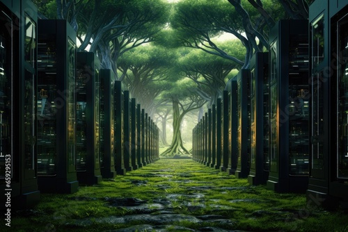 3d rendering of a green corridor with trees and lights in the background, Bright server room with trees and grass growing out out of servers, AI Generated photo