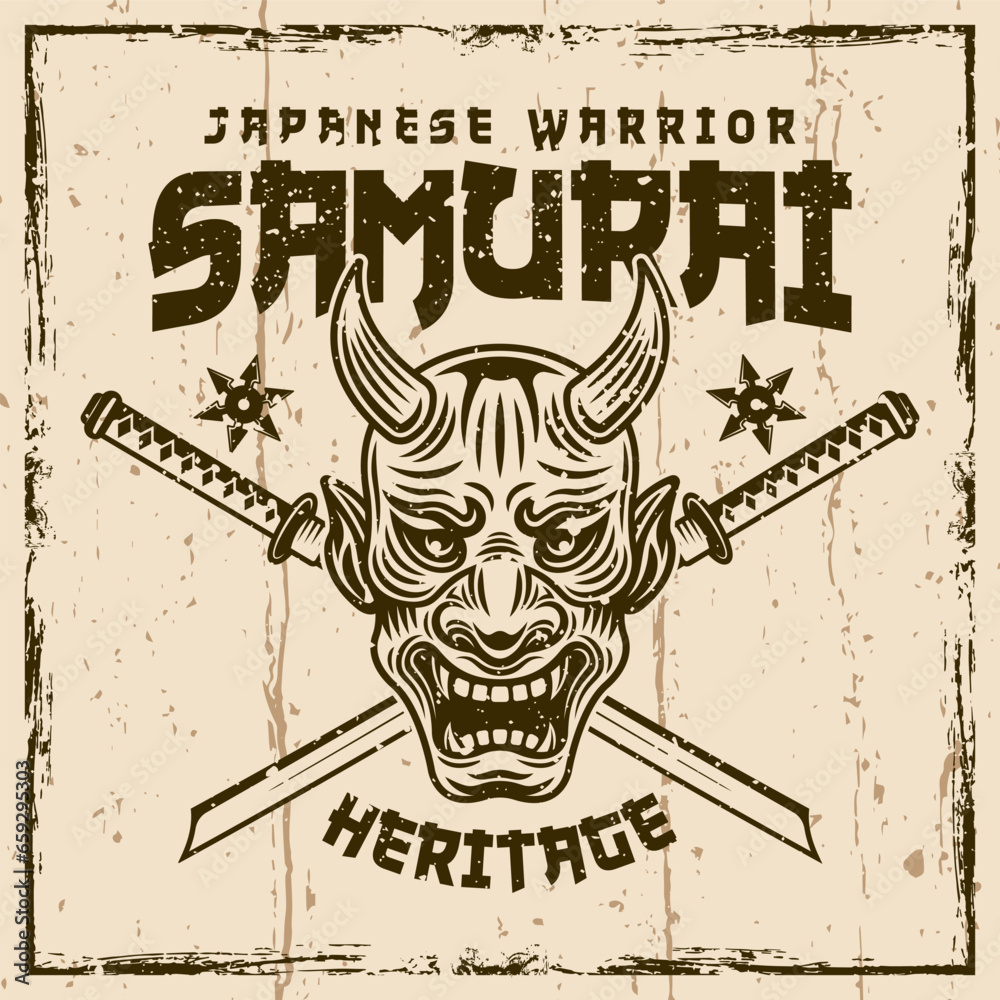 Fototapeta premium Samurai vector vintage emblem, badge, label, logo on background with removable grunge textures