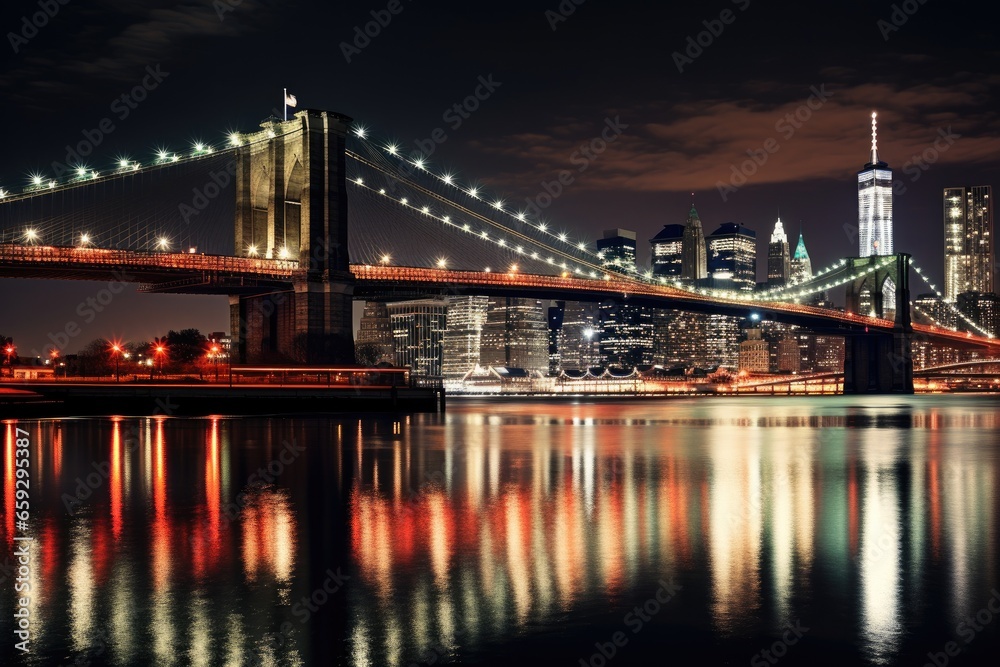 Brooklyn Bridge and Manhattan skyline at night, New York City, brooklyn bridge night exposure, AI Generated
