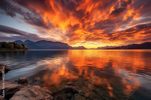 Beautiful sunset over Lake Wakatipu, Queenstown, New Zealand, Bright sunset over lake Geneva, Switzerland, golden clouds reflect in the water, AI Generated