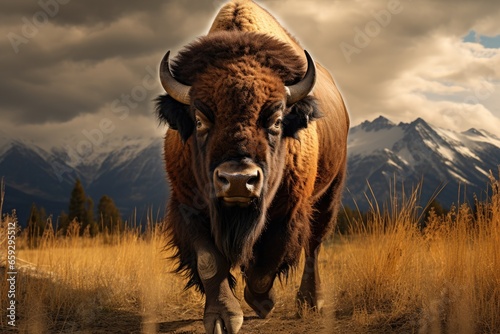 Bison in the High Teton National Park, Wyoming, USA, buffalo in the wild, AI Generated