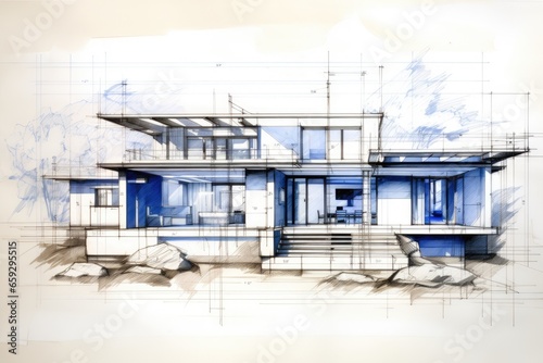 3d rendering of modern cozy house with garage for sale or rent. Black line sketch on white background, building project plan blueprint of a modern house, AI Generated © Iftikhar alam