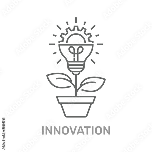 Vector creative concept in line style - light bulb with gear wheel growing from the flower pot. Innovation Idea concept. Technology innovations. Editable Stroke. EPS 10
