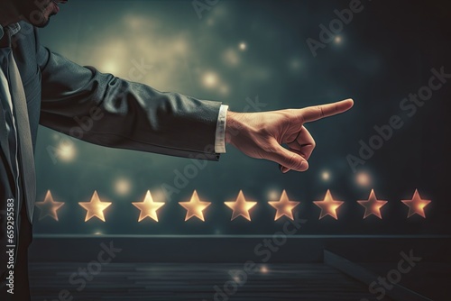 Businessman pointing at five star rating on dark background with copy space, Businessman hand touching a star rating concept on a touch screen with his finger, AI Generated photo