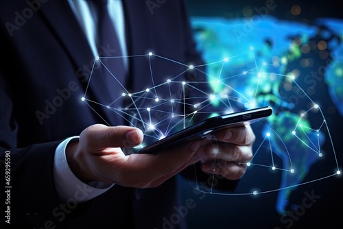 Businessman using mobile phone with world map and connection lines on dark background, Businessman hand using a smart phone with a global network connection concept on the screen, AI Generated