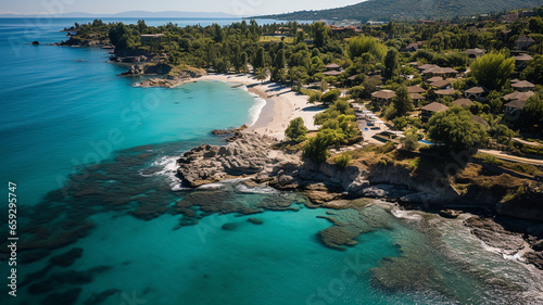 Aerial view of a stunning tropical beach nestled between lush greenery and vibrant turquoise waters. The white sandy beach is dotted with visitors enjoying the sun and sea. Generative AI