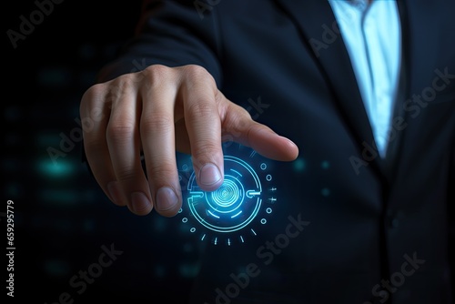 Businessman pressing button on virtual screen. Business and technology concept, Businessman pressing fingerprint button on a touch screen interface. Technology and internet concept, AI Generated