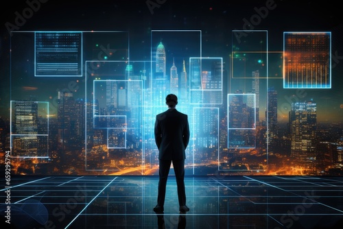 Back view of businessman looking at digital hologram on night city background, Businessman standing in front of a digital big screen hologram showing business data, rear view, AI Generated