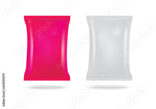 Realistic pink and silver snack plastic packaging isolated on white background. Vector illustration EPS 10.