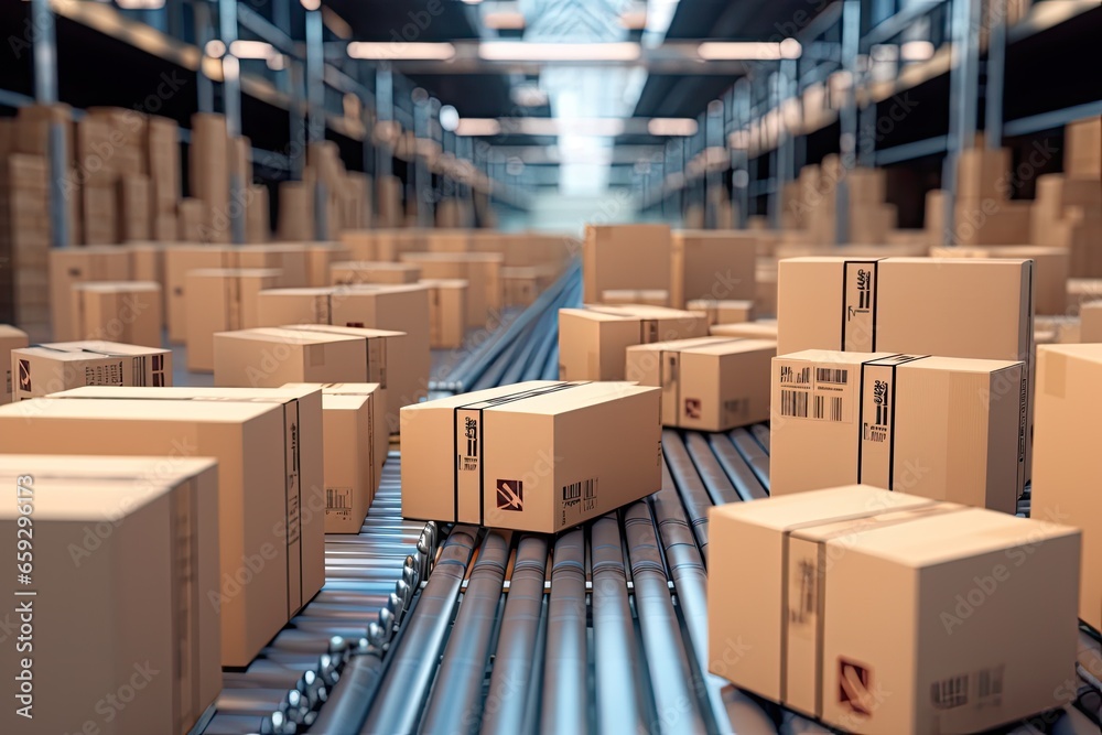 Boxes on conveyor belt in warehouse. 3D rendering. Cardboard boxes on conveyor belt in warehouse. Automatic production line. Logistic and shipment, AI Generated Boxes on conveyor belt in warehouse. 3D rendering. Cardboard boxes on conveyor belt in warehouse. Automatic production line. Logistic and shipment, AI Generated