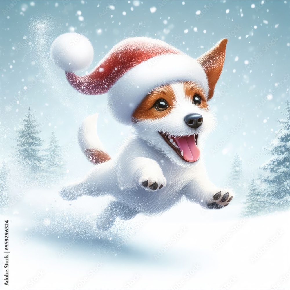 Ein Jack Russel Hund an Weihnachten im Feld aus Schnee Ein Jack Russel Hund an Weihnachten im Feld aus Schnee