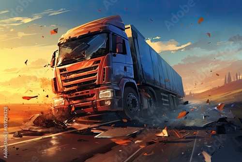 Truck on the road at sunset. Illustration of a truck on the road. Car crash accident with TIR truck on road, AI Generated