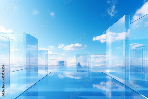 Abstract glass skyscrapers in vivid blue sky with clouds background. Minimalist and surreal fantasy background. Vivid blue sky. Background with copy space. Generative AI © Rytis