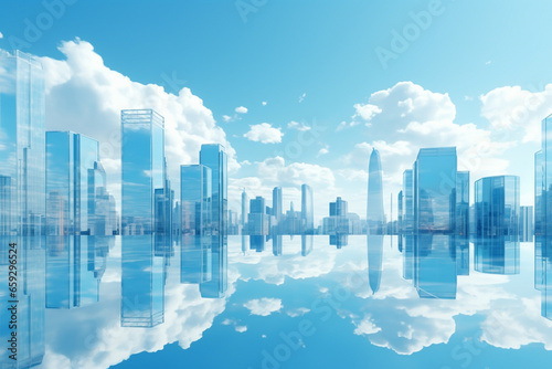 Abstract glass skyscrapers in vivid blue sky with clouds background. Minimalist and surreal fantasy background. Vivid blue sky. Background with copy space. Generative AI
