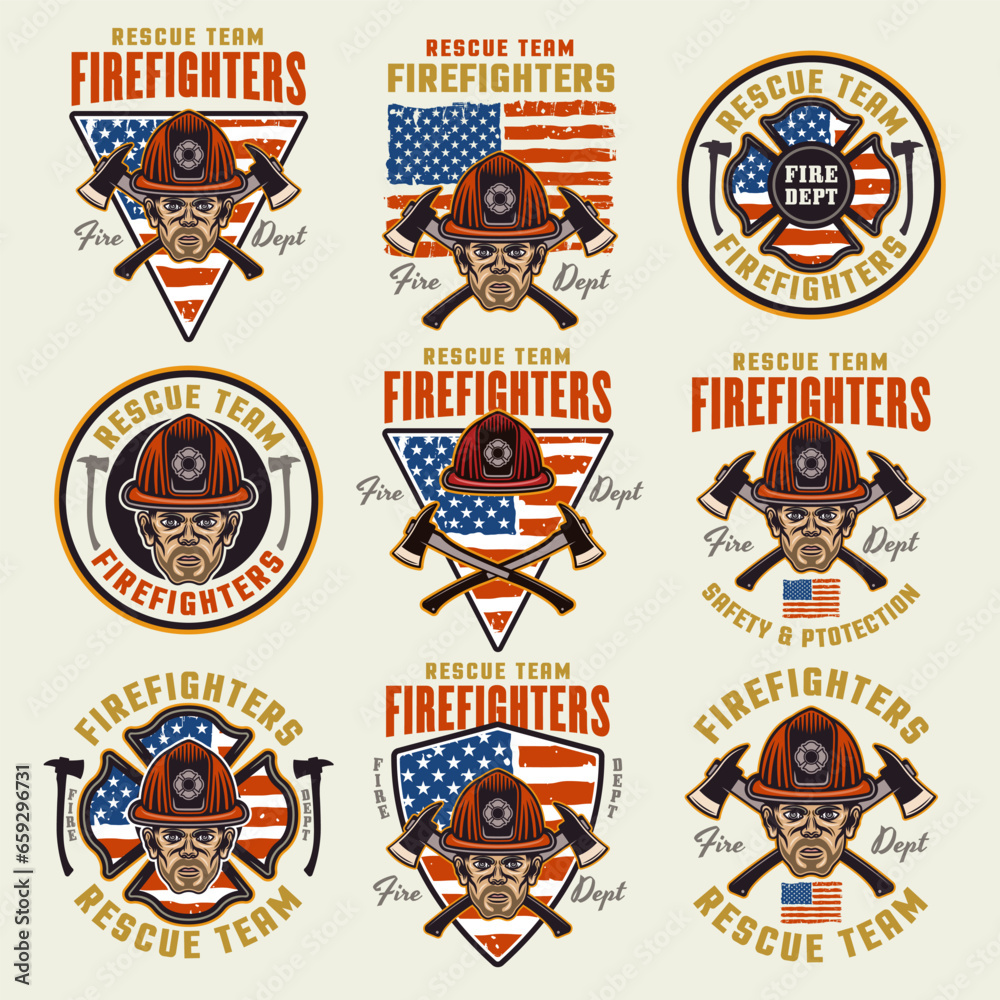 Firefighters set of vector emblems, logos, badges or labels design illustration in colored style on light background
