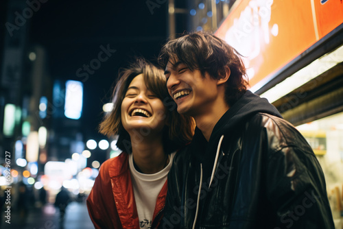 Young Beautiful couple laughs happily and walks through the streets of night Tokyo