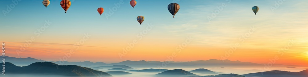 Fototapeta premium Colorful balloons float above mountains, rivers, and seas of mist.