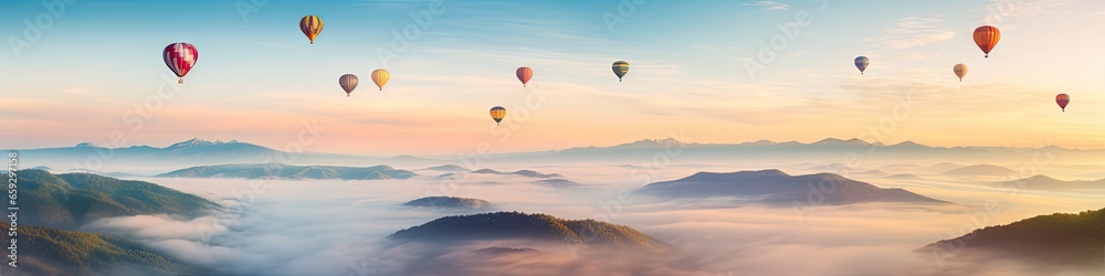 Fototapeta premium Colorful balloons float above mountains, rivers, and seas of mist.