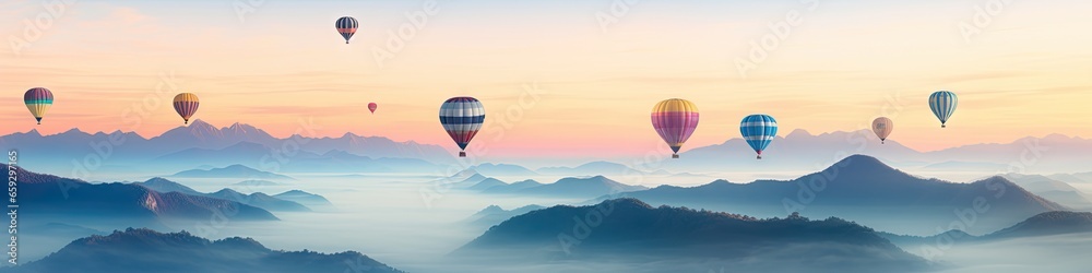 Fototapeta premium Colorful balloons float above mountains, rivers, and seas of mist.