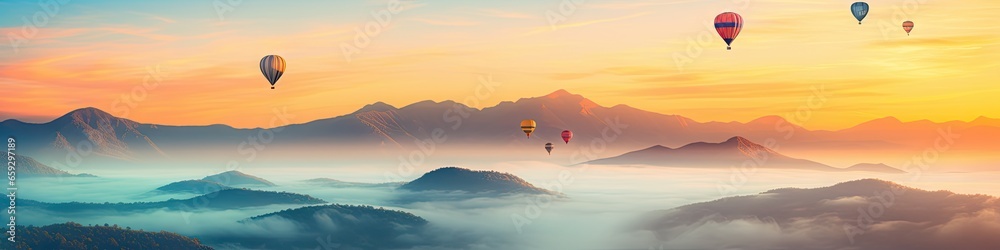 Colorful balloons float above mountains, rivers, and seas of mist. Colorful balloons float above mountains, rivers, and seas of mist.