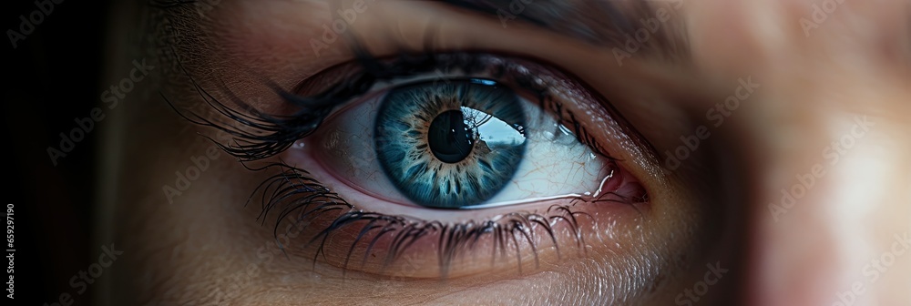 Close-up of a woman's left blue eye. - obrazy, fototapety, plakaty 