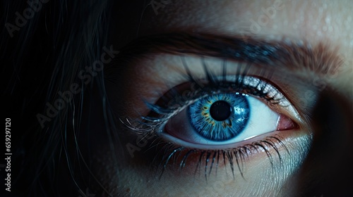 Close-up of a woman s left blue eye.
