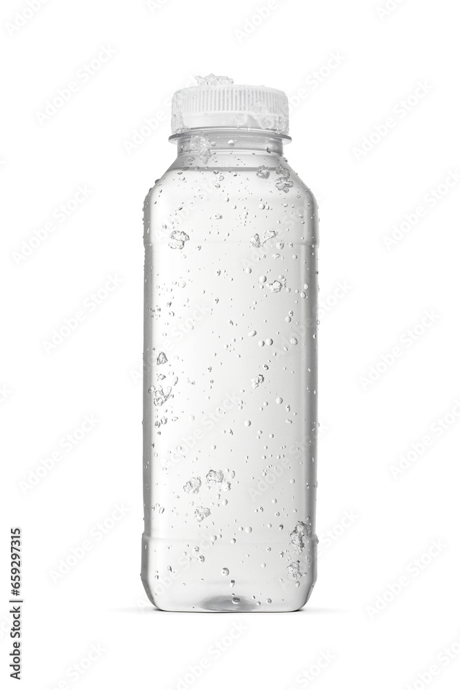 Purified water in plastic bottle with water droplets and ice crystals isolated. Transparent PNG image. Purified water in plastic bottle with water droplets and ice crystals isolated. Transparent PNG image.