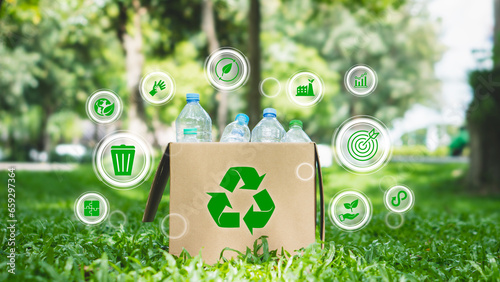 Plastic bottle into paper box with recycle icon for recycling, reuse, reduce concept.sustainability, environment and package pollution.Ecological waste management and a sustainable.