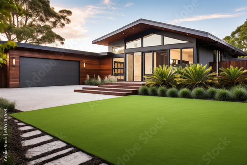 aerial view of A contemporary Australian home with a big grass yard © Kien