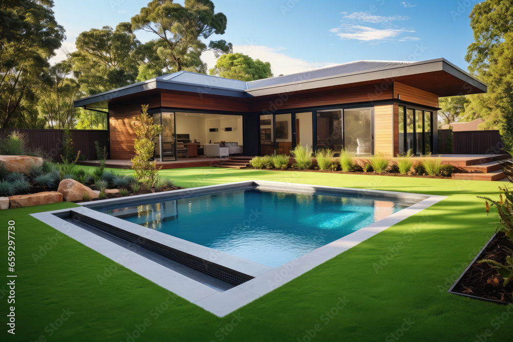 aerial view of A contemporary Australian home with a big grass yard and a pool