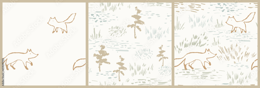 Fototapeta premium Foxes forest seamless pattern. Hand drawn meadow landscape. Woodland vector