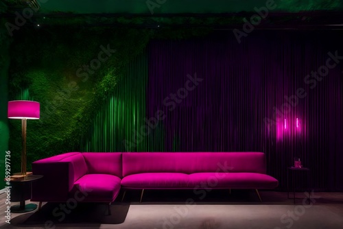red sofa in a room with a lamp