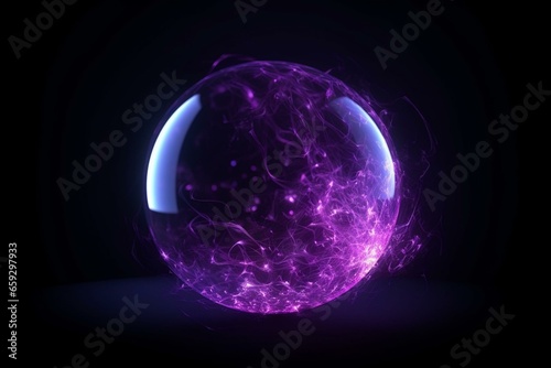 Round sphere emitting glowing purple energy particles. Generative AI