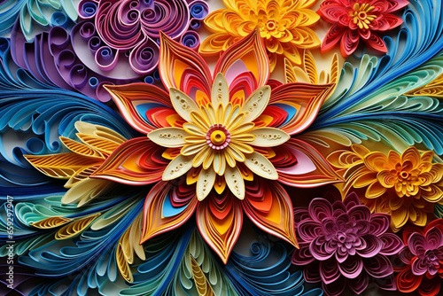 Multicolored paper art created using quilling technique. Generative AI photo