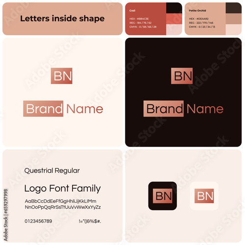 2D luxury fashion logo with brand name. Brand name icon. Design element and visual identity. Template with questrial regular font. Suitable for fashion  shopping  luxury.