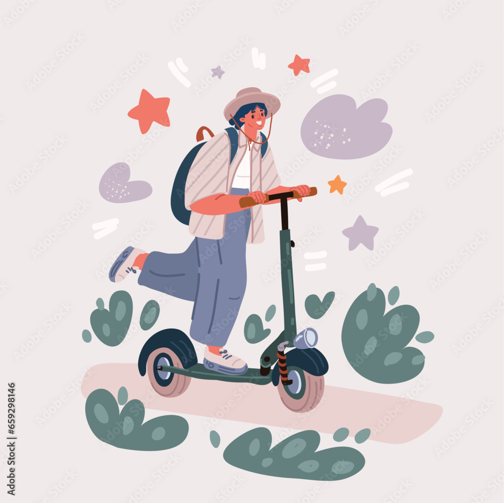 Vector illustration of woman ride electric scooter, kick bike ride, fast city bicycle