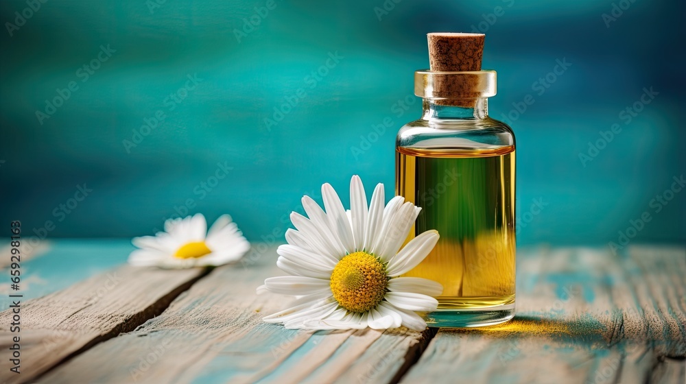 Chamomile oil on turquoise background Chamomile oil on turquoise background