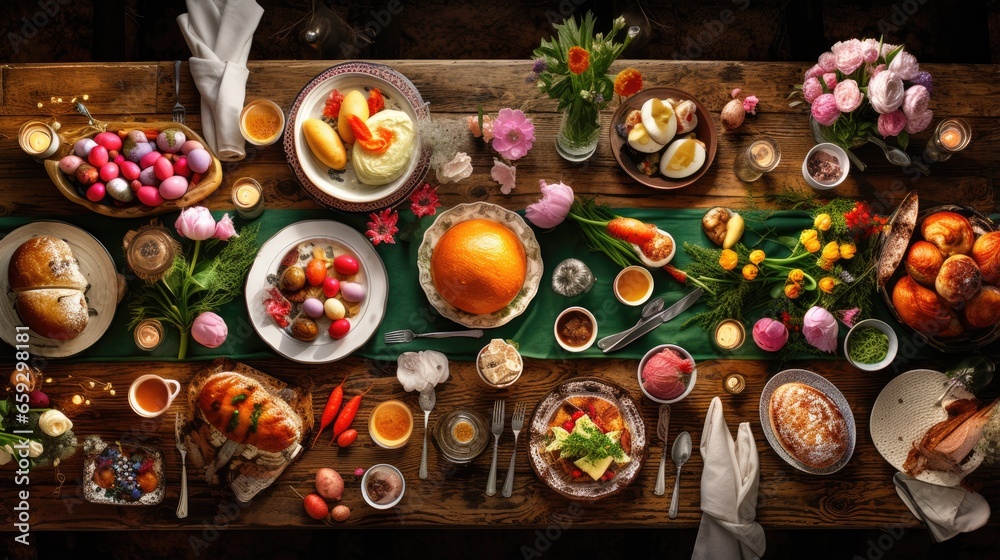 Easter meal with ham eggs buns cake and veggies Festive decorations Top view Easter meal with ham eggs buns cake and veggies Festive decorations Top view