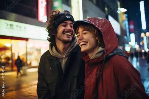 Young Beautiful couple laughs happily and walks through the streets of night Tokyo
