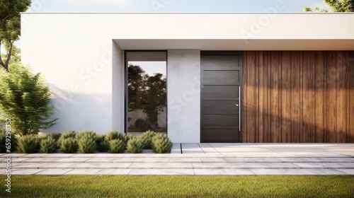 3D rendering of a modern home with green grass lawn wooden door entrance and empty white concrete wall