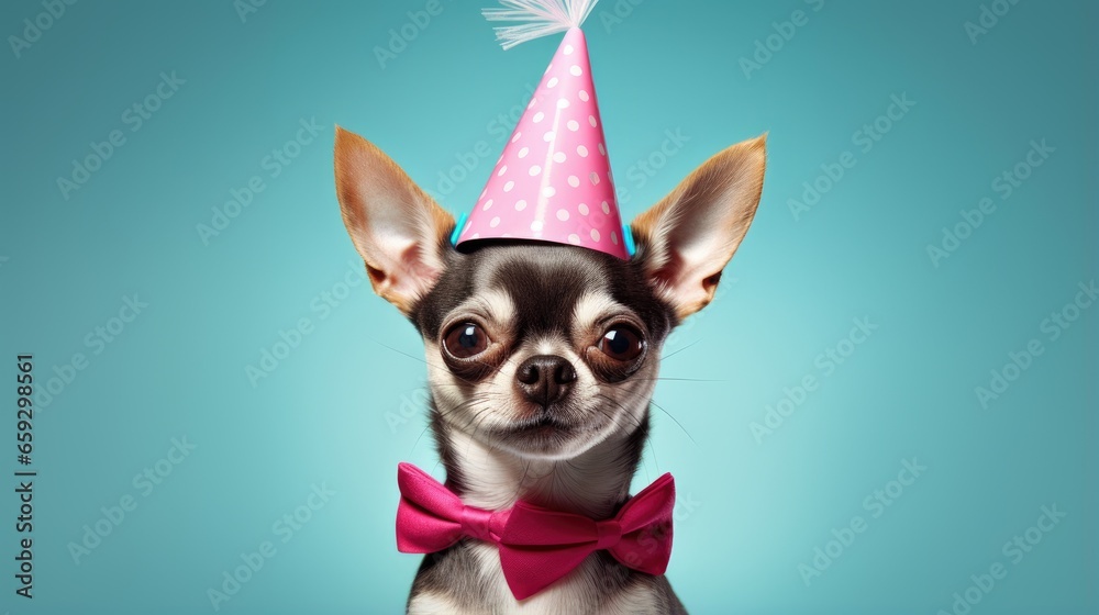 Adorable dog in party hat and star glasses at birthday celebration