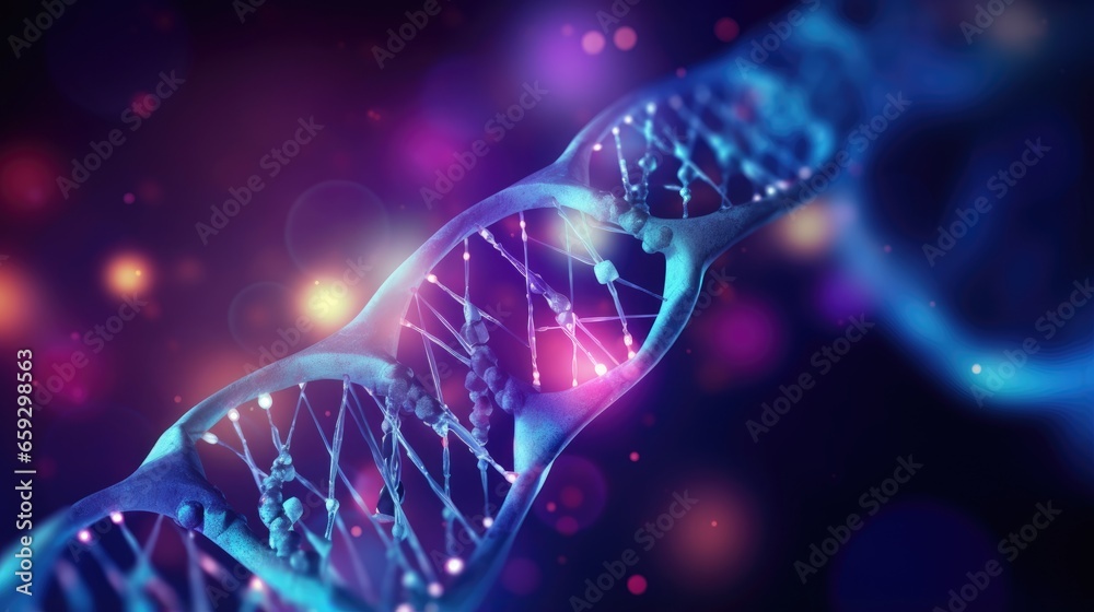 Abstract scientific illustration depicting genetic engineering and gene manipulation with DNA structures neurons and wave flow for Science or medical background