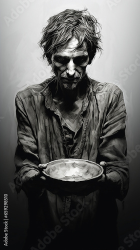 An emaciated starving man with an empty metal bowl in his hands. Worn-out clothes hang from his thin body. The concept of extreme need, hunger and poverty after the First World War. Copy space.