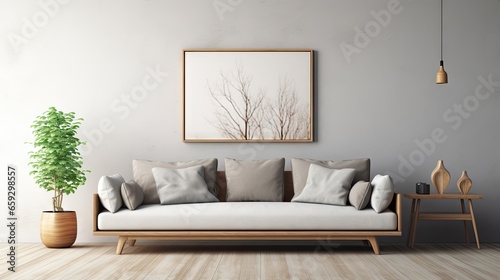 Beautiful living room with gray Scandinavian sofa wooden furniture and decorative pillows